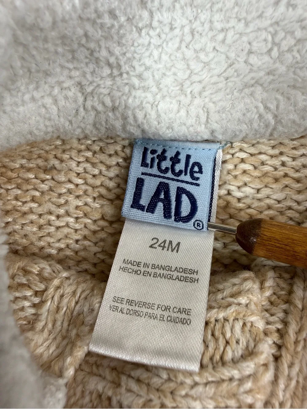 LITTLE LAD Boys Cable Knit Sweater Size 24M Oatmeal Sherpa Elbow Patch Grandpa